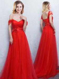 Red Bridesmaid Dress Prom and Party and Wedding Party and For with Appliques and Ruching Off The Shoulder Sleeveless Bru