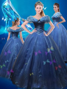 Gorgeous Cinderella Tulle Off The Shoulder Sleeveless Lace Up Beading and Bowknot Sweet 16 Dresses in Navy Blue