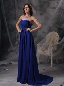 Strapless Brush Train Royal Blue Ruched Beaded Chiffon Celebrity Party Dress