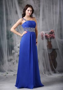 One Shoulder Long Royal Blue Ruched Celebrity Party Dress with Beading
