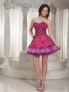 Brand New Sweetheart Mini-length Fuchsia Layered Celebrity Dress with Beading