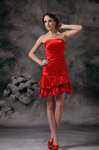 Red Strapless Mini-length Ruched Layered Celebrity Dress with Bowknot