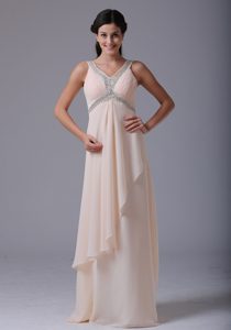 V-neck Long Champagne Ruched Chiffon Celebrity Dress with Beading
