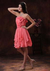 Strapless Knee-length Watermelon Ruched Chiffon Celebrity Dress with Flowers