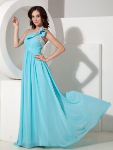 Aqua Blue One Shoulder Brush Train Beaded Ruched Celebrity Dress with Bow