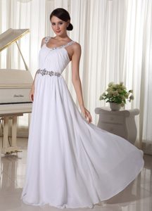 White Straps Long Ruched Chiffon Celebrity Dress with Beading on Sale