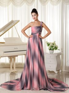 2014 One Shoulder Court Train Ruched Ombre Chiffon Celebrity Dress for Prom