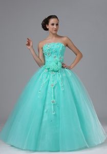 Strapless Long Aqua Blue Ball Gown Celebrity Party Dress with Flowers