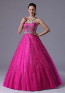 Sweetheart Long Fuchsia Princess Tulle Celebrity Dresses with Beading