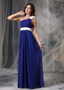 Royal Blue One Shoulder Long Ruched Celebrity Dress with White Flower