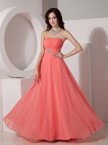Strapless Long Watermelon Ruched Appliqued Chiffon Celebrity Dresses