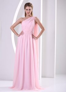 New One Shoulder Watteau Train Baby Pink Chiffon Celebrity Dress with Ruching