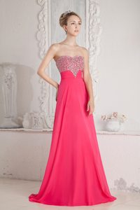 Sweetheart Brush Train Coral Red Chiffon Celebrity Evening Dress with Beading