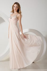 V-neck Long Ruched Baby Pink Chiffon Celebrity Dresses with Beading