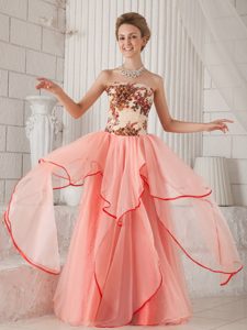 New Strapless Long Watermelon Organza Celebrity Dress with Appliques