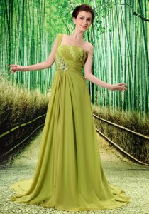 Sweet Olive Green One Shoulder Appliqued Celebrity Party Dress with Ruches