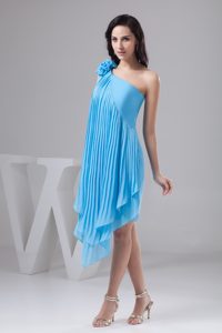 Best Seller Asymmetrical Aqua Blue Chiffon Celebrity Party Dress with Pleats