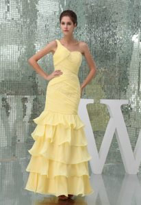 Elegant One Shoulder Ruffled Ankle-length Celebrity Party Dresses in Yellow