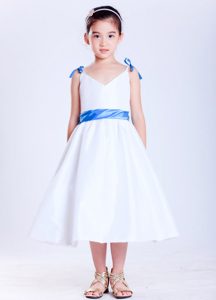 Blue and White V-neck Tea-length Pageant Dress with Bows