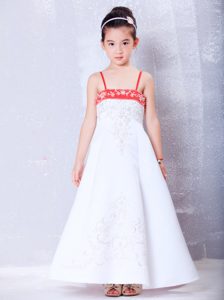 White and Red Satin Cinderella Pageant Dress with Embroidery for Custom Made
