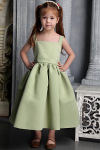 Green Straps Tea-length Satin Cinderella Pageant Dresses with Bowknot