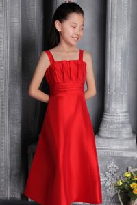 2014 Red A-line Wide Straps Tea-length Satin Ruched Cinderella Pageant Dress