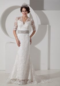Delish V-neck Brush Train Satin 1/2 Sleeves Wedding Gowns with Lace and Belt