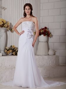Strapless Court Train Chiffon Dress for Brides with Flowers and Beading