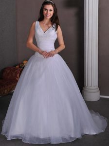 V-neck Court Train and Tulle Dresses for Brides with Ruching and Beading