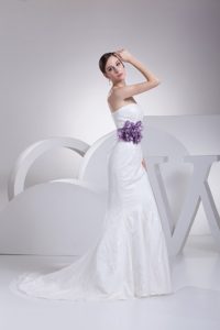 New Strapless Mermaid Lace-up Court Train Bridal Dress with Purple Sash