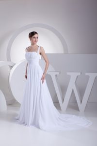 Classical A-line Chapel Train Ruched and Beaded Zipper-up Wedding Gown