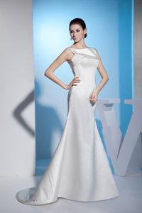 Discount Mermaid Bateau Brush Train White Chiffon Wedding Bridal Gown