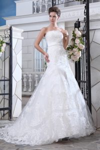 2013 Best Seller Mermaid Strapless Court Train Lace Bridal Dress with Belt