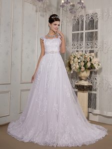 Discount A-line Square Court Train Zipper-up Lace Bridal Dresses for Spring