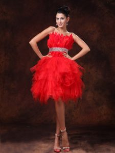 Elegant Red Feather Beaded Tulle A-line Strapless Cocktail Dress with Belt