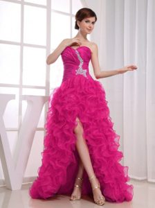 A-line Sweetheart Hot Pink High Low Cocktail Dress for Cheap with Ruffles