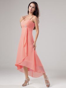 Simple Spaghetti Straps Beaded and Ruched Chiffon Cocktail Dress for Celebrity