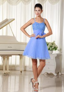 New Beaded Blue A-line Prom Cocktail Dress with Spaghetti Straps and Bowknot