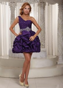 Purple One Shoulder Mini-length Prom Cocktail Dress with Beading and Pick-ups