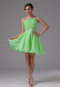 One Shoulder Green Ruched and Beaded Mini-length Cocktail Dress on Promotion