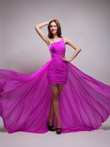 Ruched One Shoulder Chiffon Beaded High Low Homecoming Cocktail Dresses