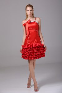 Beaded Red Knee-length Prom Cocktail Dress with Ruffle Layers for Custom Made