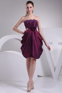 Best Strapless Short Dark Purple Drapped Cocktail Dress with Flower