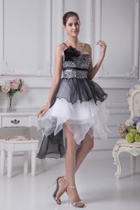 One Shoulder Asymmetrical White and Black Cocktail Dresses with Beading