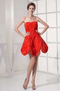 Special Strapless Mini-length Orange Red Ruched Cocktail Dress with Flower