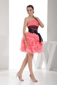 Strapless Mini-length Watermelon Cocktail Dress with Ruffles and Black Sash