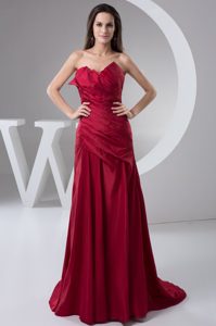 Wine Red Strapless Brush Train Ruched Prom Cocktail Dress on Promotion