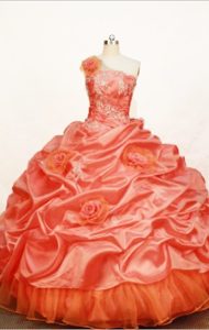 Gorgeous One Shoulder Orange Quinceanera Dress with Hand Flowers