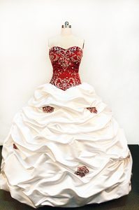 Affordable Strapless White and Burgundy Dresses for Quince with Embroidery