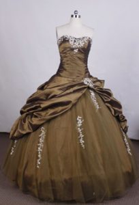Formal Brown Strapless Quinceanera Gown to Floor Length with Beading on Sale